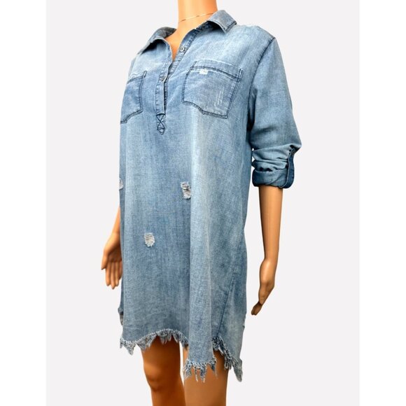 Distressed Denim Shirt Dress By En Crème Size M Long-Sleeve Frayed Hem Button-Up - Picture 4 of 11